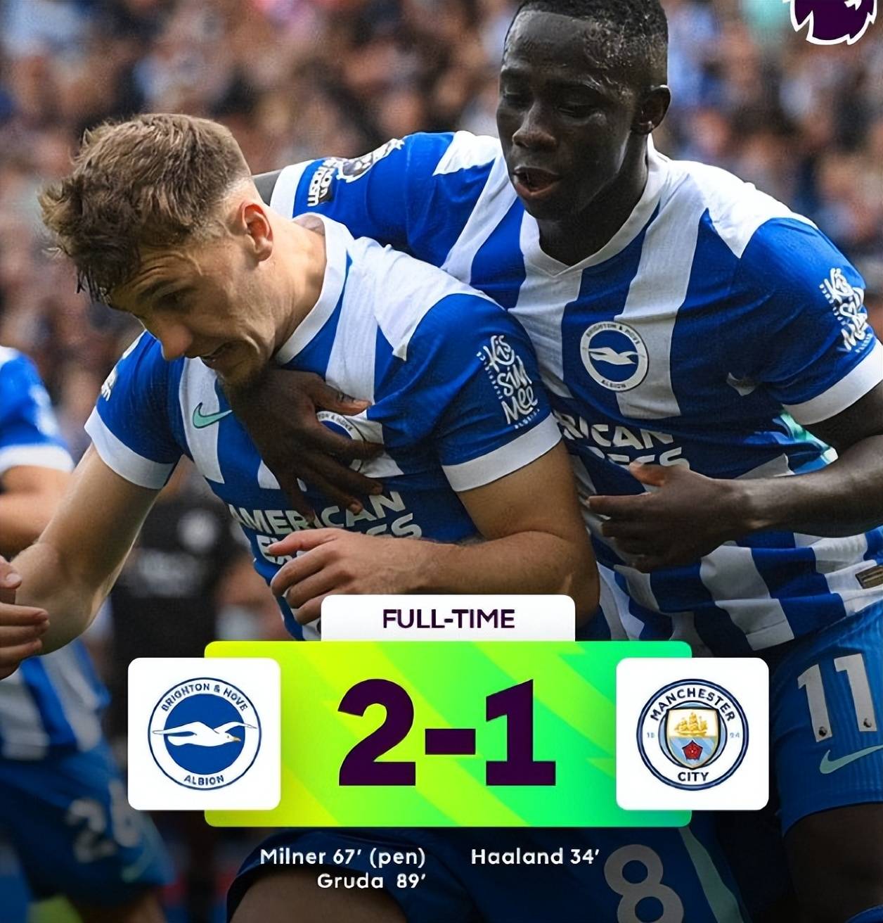 关于布莱顿客场不敌曼城，积分止于第四的信息